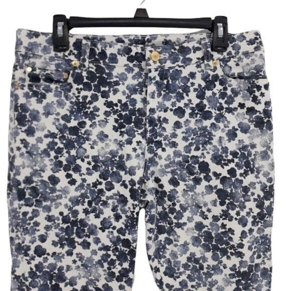 Michael Kors Izzy Skinny High Waisted Skinny‎ Crop Ankle Pants Blue Floral Sz 10 - Picture 6 of 13